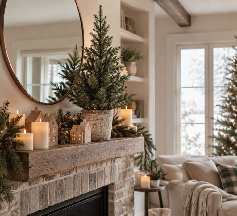 Windsor Spruce Potted Artificial Christmas Tree - styled on a fireplace mantel, styled lifestyle scene