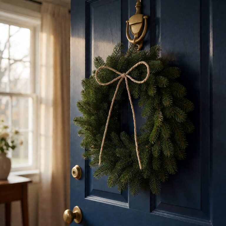 Wired Bow - styled on a wreath on a front door, styled lifestyle scene