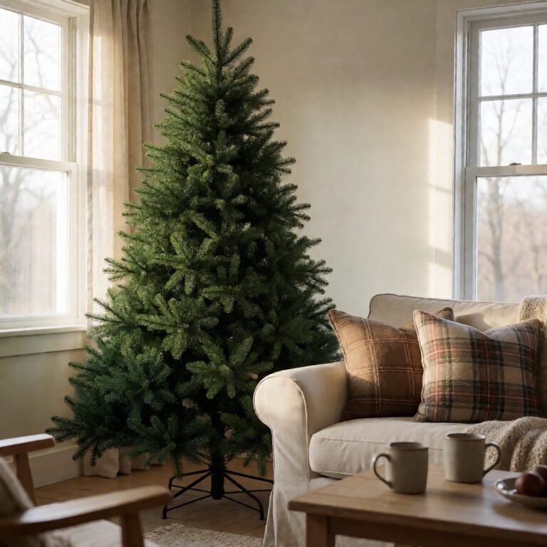 Woodland Spruce Artificial Christmas Tree - styled next to a sofa in a bright living room, styled lifestyle scene