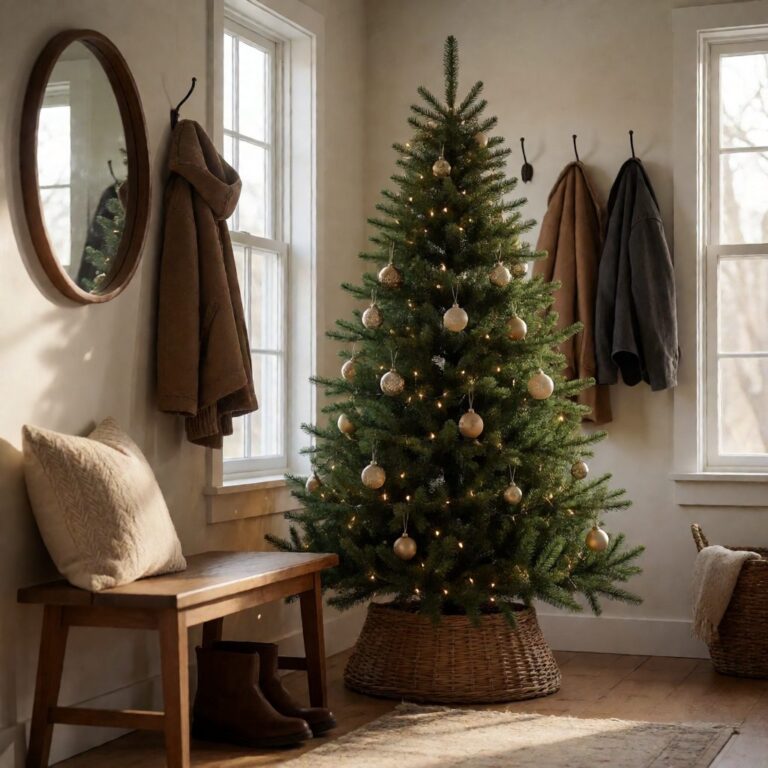 Yukon Spruce Artificial Christmas Tree - styled in an entryway foyer with a wooden bench, styled lifestyle scene